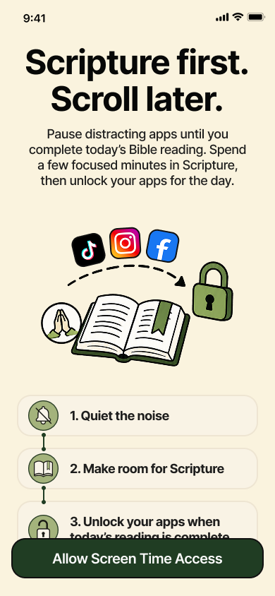 BibleUnlock onboarding screen explaining Scripture before scrolling