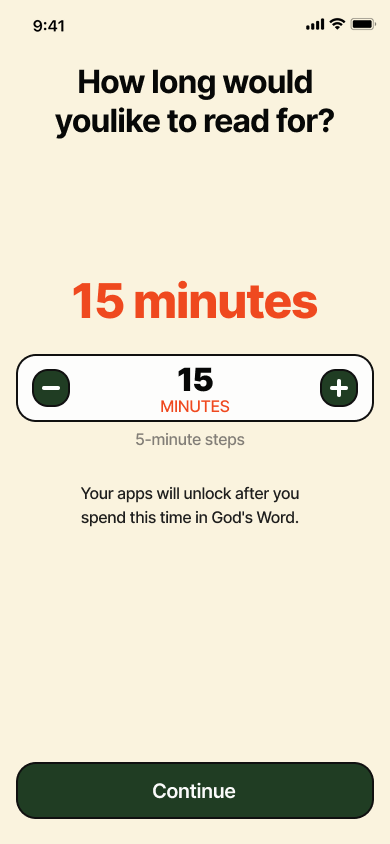 BibleUnlock reading duration screen set to fifteen minutes