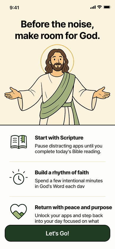 BibleUnlock screen with an illustration of Jesus and three reasons to build a rhythm of faith