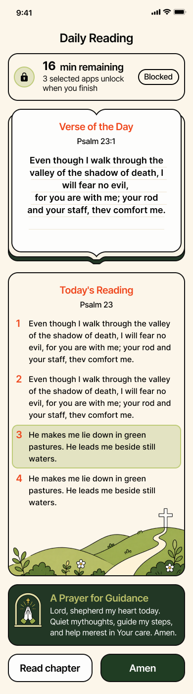 BibleUnlock Daily Reading screen with a verse, chapter reading, and prayer prompt